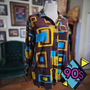 Vintage 90s Onque Casuals Brown Geometric Velour Button Up Shirt Top Size S